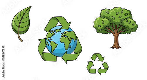 Environmental icons green leaf, healthy tree, Earth with recycling symbol, and standalone recycle sign, promoting sustainability and global ecological awareness