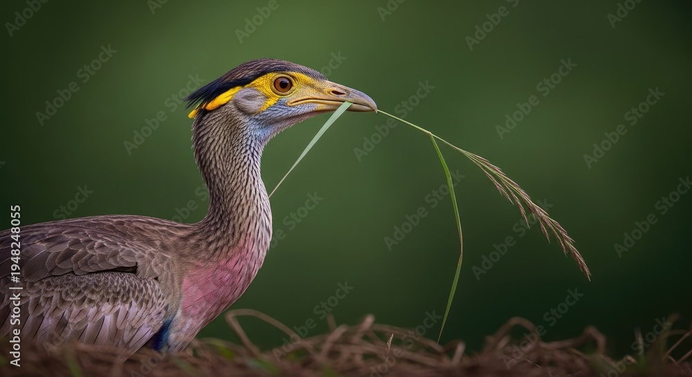 Obraz premium Vibrant bird with colorful plumage holding grass in beak