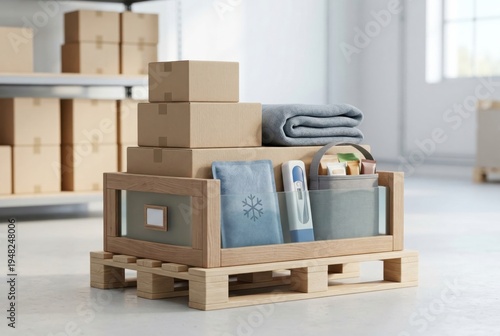 Organized storage solutions with wooden pallet, cardboard boxes, textiles, and assorted items in a modern space, promoting efficiency and minimalist design