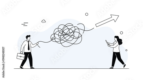 Team of professionals untangling a chaotic line into a straight arrow representing problem solving and process simplification in business.
