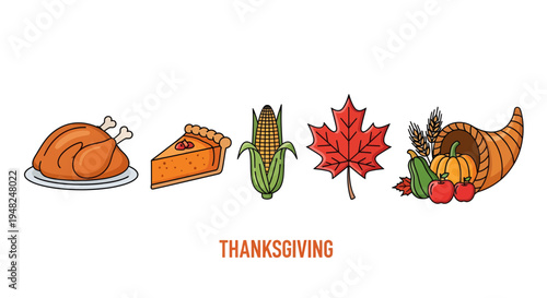 Thanksgiving outline illustrations with classic holiday elements roasted turkey, pumpkin pie, autumn corn, maple leaf, and a bountiful harvest cornucopia