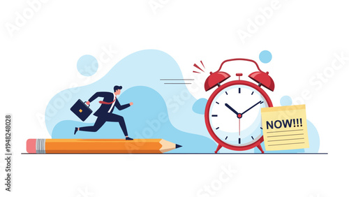 Determined businessman running on top of a giant pencil toward a ringing alarm clock representing deadline pressure and time.