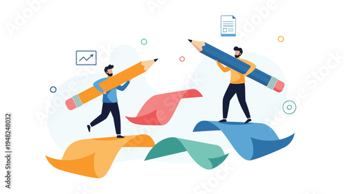 Creative team of two men carrying giant pencils while walking on flying paper sheets representing brainstorming and design work.