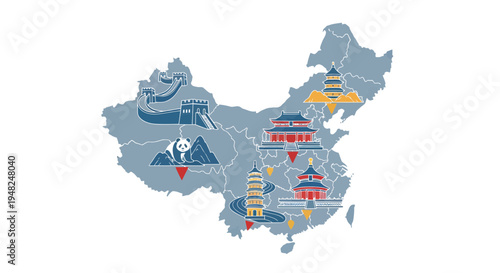 Illustrative map of China highlighting iconic landmarks and cultural symbols like the Great Wall, ancient temples, and traditional pagodas, representing diverse travel and tourism destinations