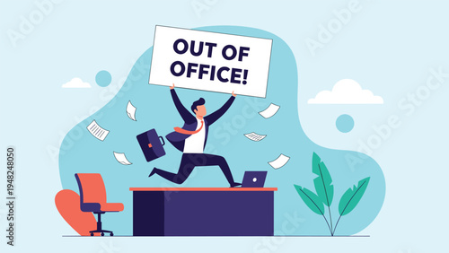 Happy worker jumping over his office desk while holding a sign that says out of office to celebrate his vacation time starting.
