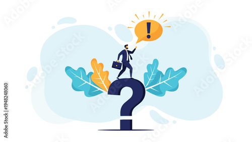 Businessman with a briefcase standing on a giant question mark with an exclamation point bubble representing problem solving skills.