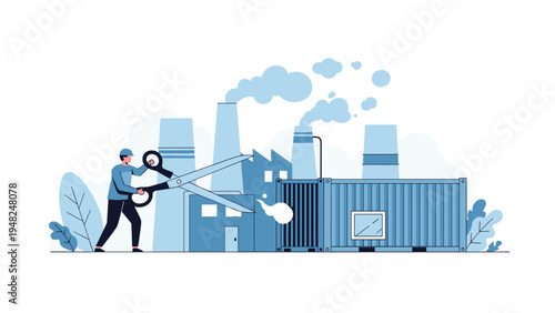 Industrial worker using giant scissors to cut through a shipping container in front of a factory symbolizing manufacturing changes.