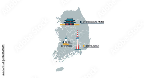 South Korea travel map iconic landmarks, historical palaces, modern towers. Explore cultural destinations