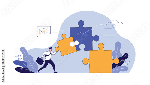 Hardworking businessman carrying a large puzzle piece to complete a bigger set representing strategic problem solving and teamwork.