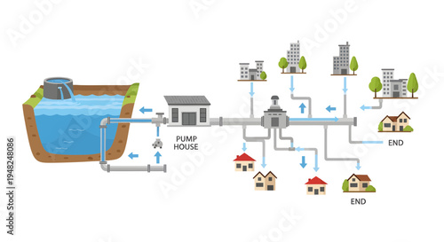 Vector illustration depicting an urban water supply and distribution network, showing water flow from a reservoir through a pump house to residential and industrial buildings