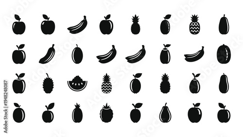 A comprehensive analysis of a diverse array of fruit icons in black and white