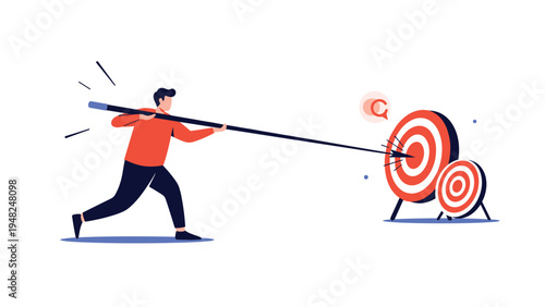 Determined man in a red sweater aiming a long spear at a bullseye target to represent business goals and professional achievement.