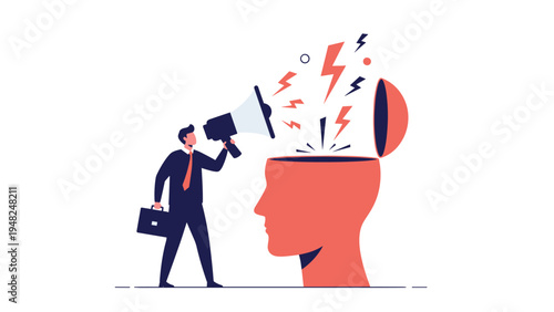 Man in a suit speaking through a megaphone into the top of a giant open head with lightning bolts representing creative inspiration.