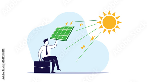 Professional sitting on his briefcase and holding up a green solar panel towards the sun representing renewable energy solutions.