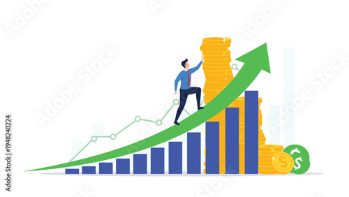 Determined employee walking up a rising green arrow toward a tall stack of gold coins representing career advancement and wealth.