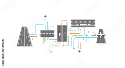 Dynamic illustration of an integrated global transportation network, showcasing roads, railways, and airports working in harmony for swift logistics and modern infrastructure
