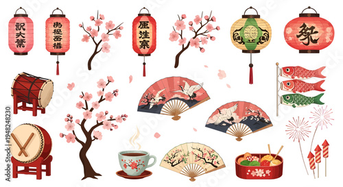 Vibrant assortment of traditional Japanese cultural items lanterns, cherry blossoms, drums, and folding fans, perfect for celebrating festivals and oriental heritage