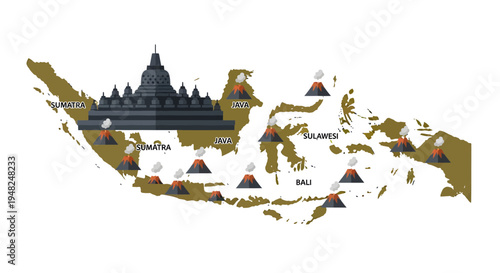 Vibrant vector map of Indonesia illustrating its dynamic geography with numerous active volcanoes and highlighting key cultural symbols like the majestic Borobudur temple