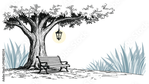 Artistic black and white line drawing of empty wooden park bench under a large tree with hanging lantern lamp.