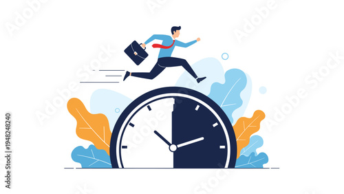 Busy professional in a suit running on top of a giant clock face to beat a deadline representing time management and work pressure.