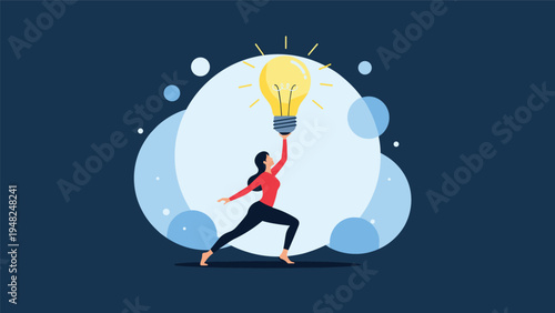 Confident woman in red lifting a giant glowing light bulb against a dark blue background to represent creative inspiration and ideas.