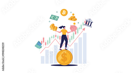 Professional woman balancing various financial assets like gold and bitcoin while standing on a giant gold coin for investment.