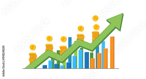 Financial growth chart with upward trend, green arrow, rising bar graph, and gold coins, symbolizing investment success and business prosperity