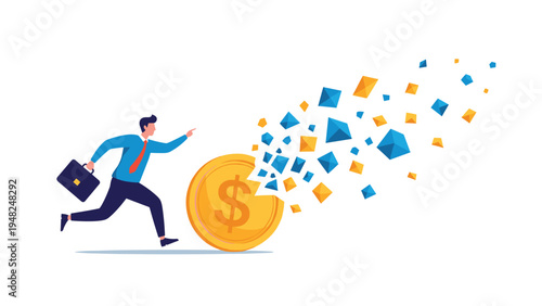 Energetic businessman chasing a rolling gold coin that is breaking into blue and orange fragments representing financial loss or risk.