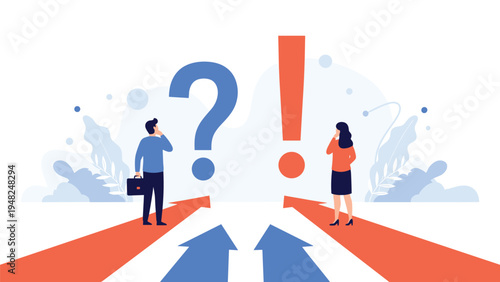 Two business people standing on arrows pointing toward giant question and exclamation marks representing strategic decision making.