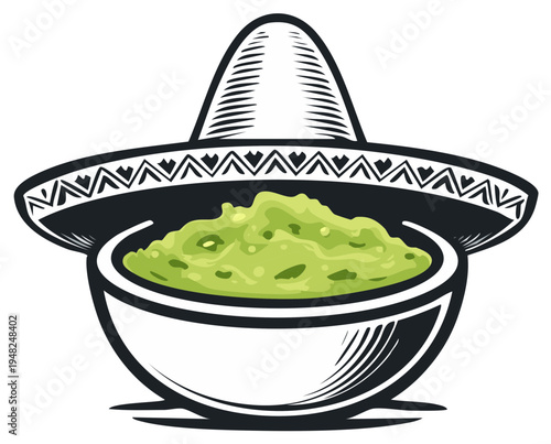 Mexican cuisine: guacamole dip in a bowl with sombrero illustration.