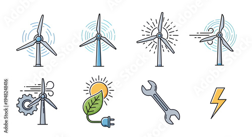 Modern Vector Icons for Sustainable Wind Energy, Renewable Power Generation, and Green Technology Solutions with Maintenance Elements and Clean Power Symbols