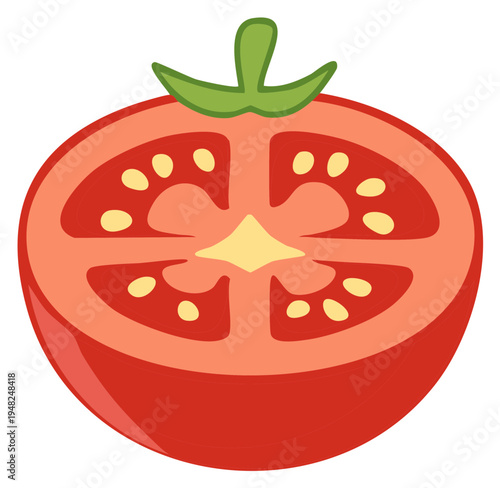 Vibrant red tomato cut in half showcasing fresh juicy pulp and yellow seeds with green stem