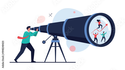 Businessman looks through a large telescope at a team of successful professionals celebrating their career growth and achievements.