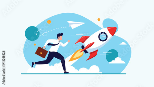 Ambitious man in a suit running alongside a launching space rocket to represent business startup growth and rapid success speed.
