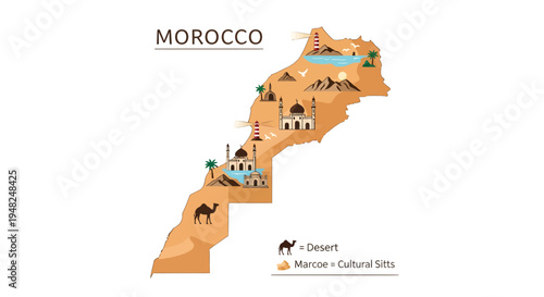 Discover the vibrant essence of Morocco with this detailed map illustration, showcasing its diverse desert landscapes, ancient cultural sites, and iconic architectural wonders