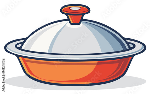 Cartoon style orange pot with lid, cooking and serving vessel, colorful illustration on white, kitchenware, food preparation