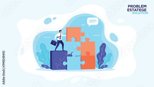 Businessman working on a large jigsaw puzzle representing problem solving and finding the right estate solution for a complex project.