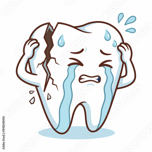 This image features a cartoonish tooth, cracked and distressed, expressing sadness with tears, emphasizing dental health issues and the importance of caring for teeth.