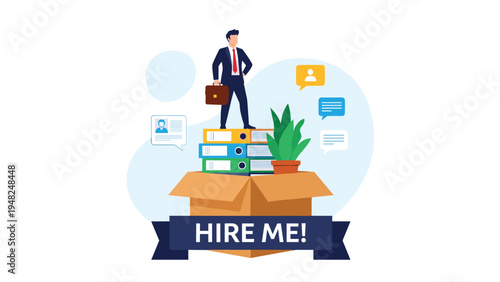Confident professional standing on office files inside a cardboard box with a hire me banner to showcase skills and job readiness.
