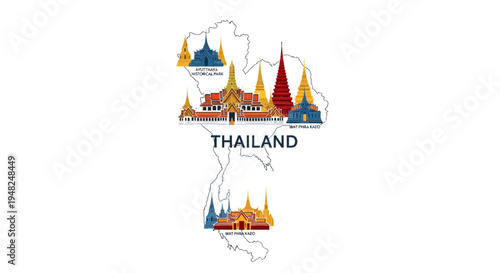 Experience the beauty of Thailand with this vibrant illustration showcasing famous architectural wonders and cultural heritage on a distinct map outline