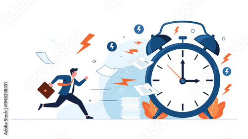 Stressed businessman running fast against a giant ringing alarm clock to meet a tight deadline and manage his busy work schedule.