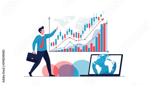 Financial analyst pointing at rising stock market graph displayed on a large screen with a globe on a laptop for global trade data.