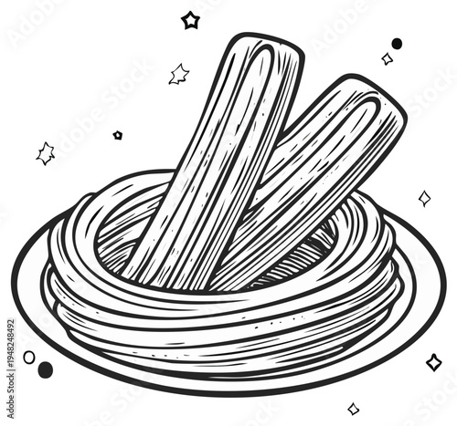 Ink drawing of two churros in a plate of curly strings