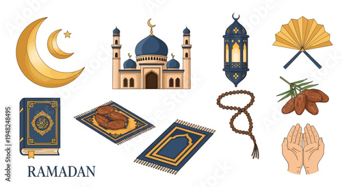 Ramadan and Islamic Holiday Symbols Vector Set Mosques, Crescent Moons, Prayer Essentials, and Traditional Elements for Cultural and Spiritual Celebrations