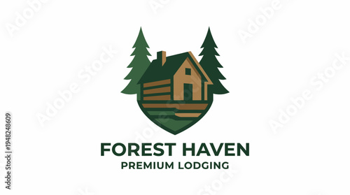 This logo features a charming cabin in a forest setting, conveying warmth and comfort, ideal for promoting premium lodging or retreat experiences in nature.