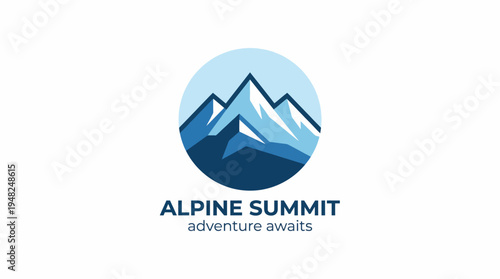 A circular logo presents snow-capped mountains alongside the phrase 'adventure awaits', capturing the thrill and allure of outdoor exploration for travel enthusiasts and brands.