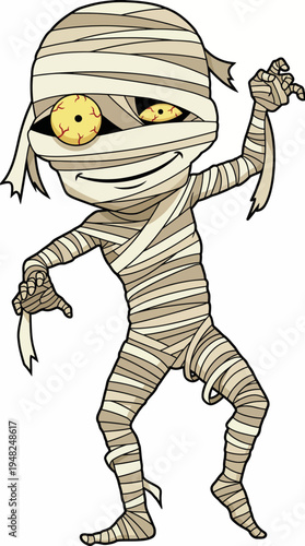 A playful cartoon mummy character with bulging eyes and a mischievous smile, perfect for Halloween-themed products and children's entertainment, adding a whimsical touch.