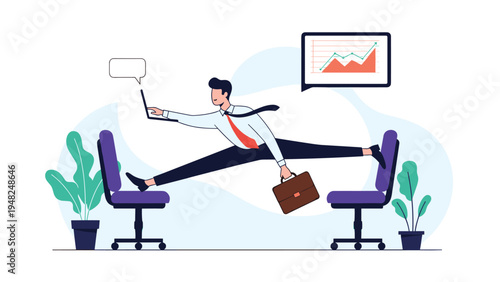 Flexible businessman doing a split between two office chairs while using a laptop to represent multitasking and extreme work balance.