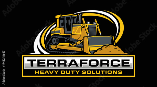A striking bulldozer illustration on a dynamic background conveys strength and reliability, making it ideal for a brand focused on construction and heavy machinery solutions.