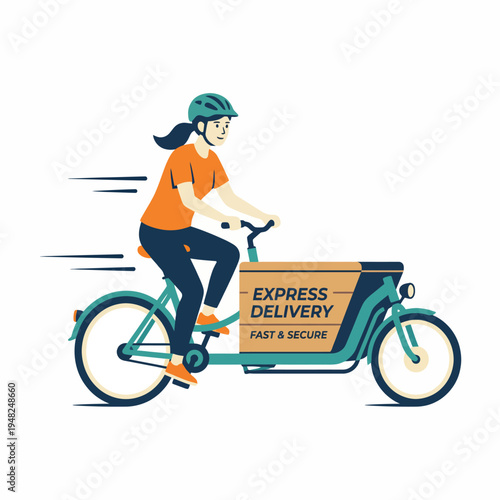 This dynamic illustration captures a woman biking swiftly while delivering packages, representing efficiency, speed, and reliability for delivery services in a modern urban environment.
